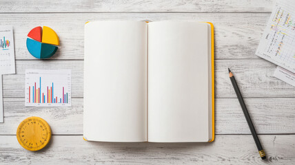 open blank book on clean wooden table with stationery items