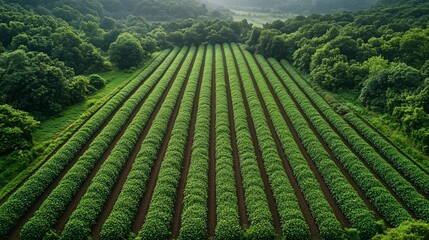 Fototapeta premium Aerial View of Lush Green Rows Planted Field