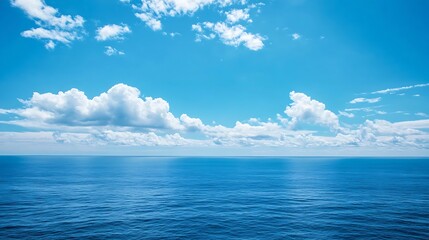 Obraz premium Tranquil Ocean Horizon Under Vibrant Blue Sky with Fluffy Clouds for Serenity and Peace : Generative AI