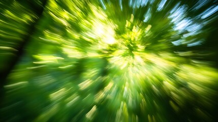 Motion Blur of Lush Green Foliage in a Sunlit Forest Setting : Generative AI