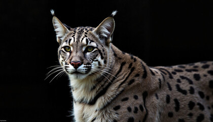 Obraz premium Sleek puma portrait with dramatic spots on dark background, fierce beauty