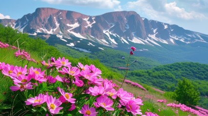 Vibrant pink flowers in foreground contrast against majestic mountains, showcasing nature's beauty and tranquility