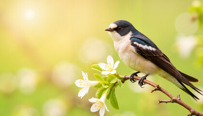 Fototapeta premium Sleek swallow perched on flowering branch in spring, nature's beauty