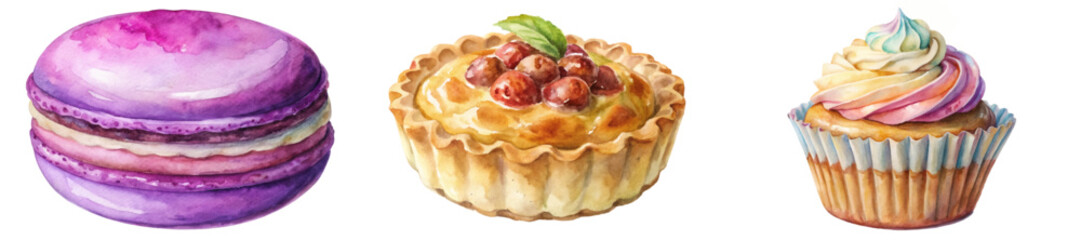 Colorful watercolor desserts, vibrant macaron, creamy tart, whimsical cupcake, sweet treats, bakery illustration.