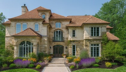 A large stone house with a red roof and garden.