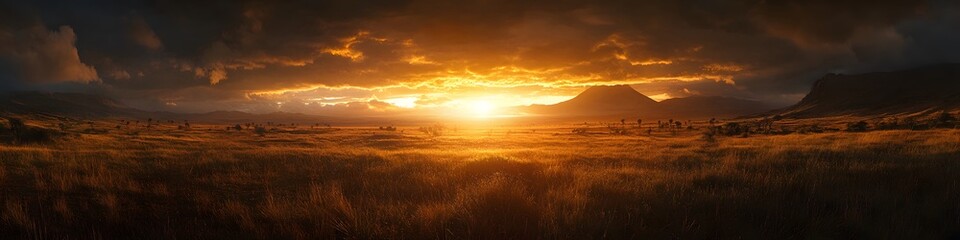 Obraz premium Panoramic view of the golden savannah glowing under the setting sun, with Mount Kilimanjaro standing tall against the fiery sky, in 4K resolution