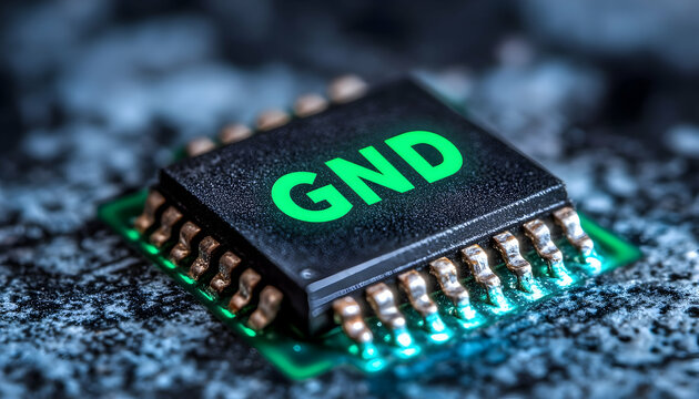 Green GND chip glows on circuit board