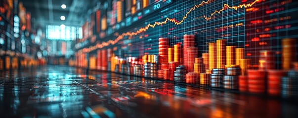Fototapeta premium A vibrant digital visualization of financial data, featuring colorful graphs and charts on a reflective surface, illustrating market trends and analytics.