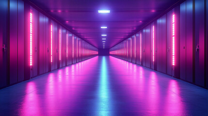 Fototapeta premium The concept of the future in interior design, furniture in neon lighting of the room relaxation room for employees of an IT company, relaxation area in a club Leather sofa in a room in cyberpunk style