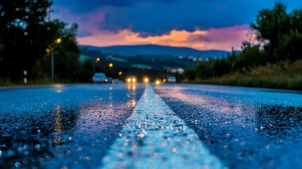 Rainy road at sunset, headlights reflecting in rain puddles.  A picturesque scene of twilight on a wet road.
