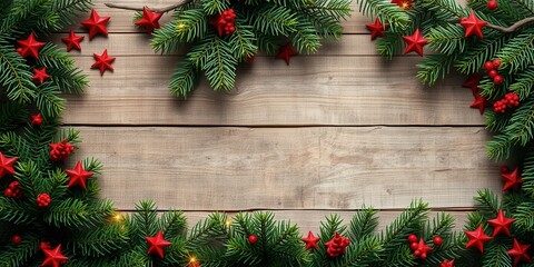 Festive Rustic Wooden Background With Evergreen Branches and Red Stars for Holiday Crafts and Decorations
