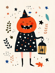Cheerful pumpkin holding lantern, surrounded by playful leaves and stars, creates cozy and festive atmosphere perfect for autumn celebrations