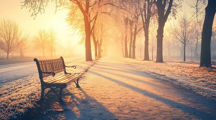 Naklejka premium Serene winter sunrise scene. Lonely bench in frosty park path bathed in golden sunlight. Peaceful atmosphere.