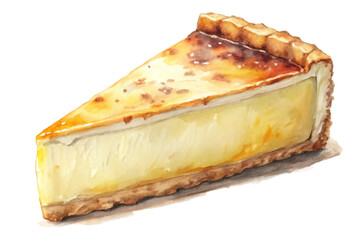 Creamy cheesecake slice, golden crust, watercolor illustration, delicious dessert, food art, culinary delight.