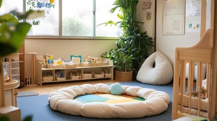 Brightly decorated modern nursery with plants and soft toys under daylight : Generative AI