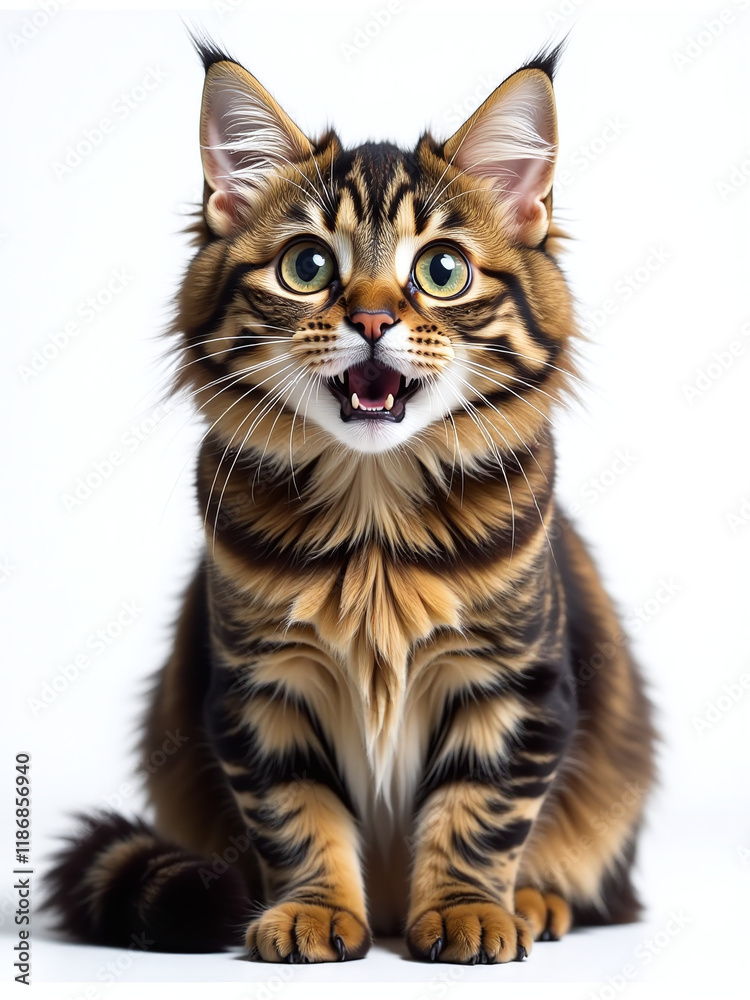 Poster a surprised maine coon cat with huge eyes sits isolated on a white background in this funny portrait