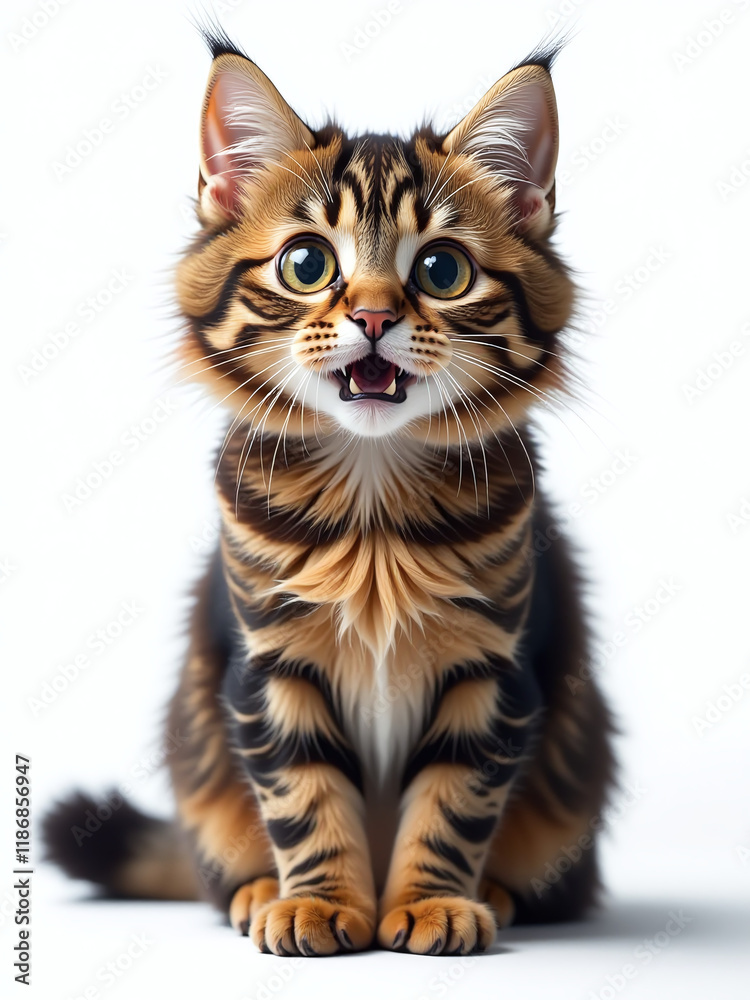 Poster a surprised maine coon cat with huge eyes sits isolated on a white background in this funny portrait