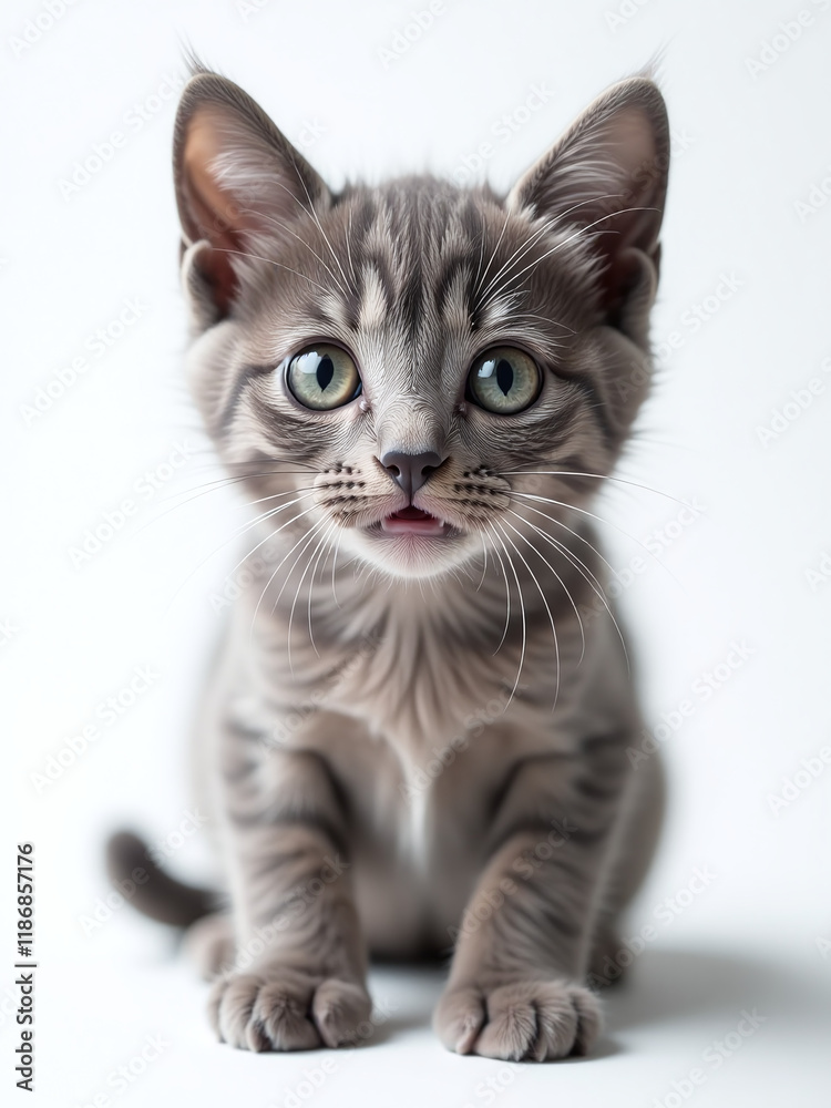 Poster A Surprised Gray Kitten Looks Directly At You From A White Background With Its Huge Eyes Standing Out Clearly. 00002