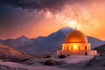Obraz premium A night view of the Bibi-Khanym Mosque with its glowing minarets under a starry sky