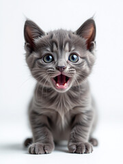 Obraz premium A Surprised Gray Kitten Looks Directly At You From A White Background With Its Huge Eyes Standing Out Clearly. 00001