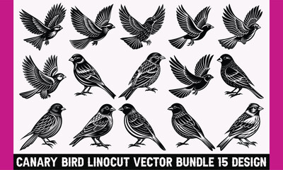 Obraz premium Canary Bird Linocut Vector Bundle - Artistic Black and White Engraved Graphics Perfect for Posters, Patterns, and Retro Nature-Themed Projects. 