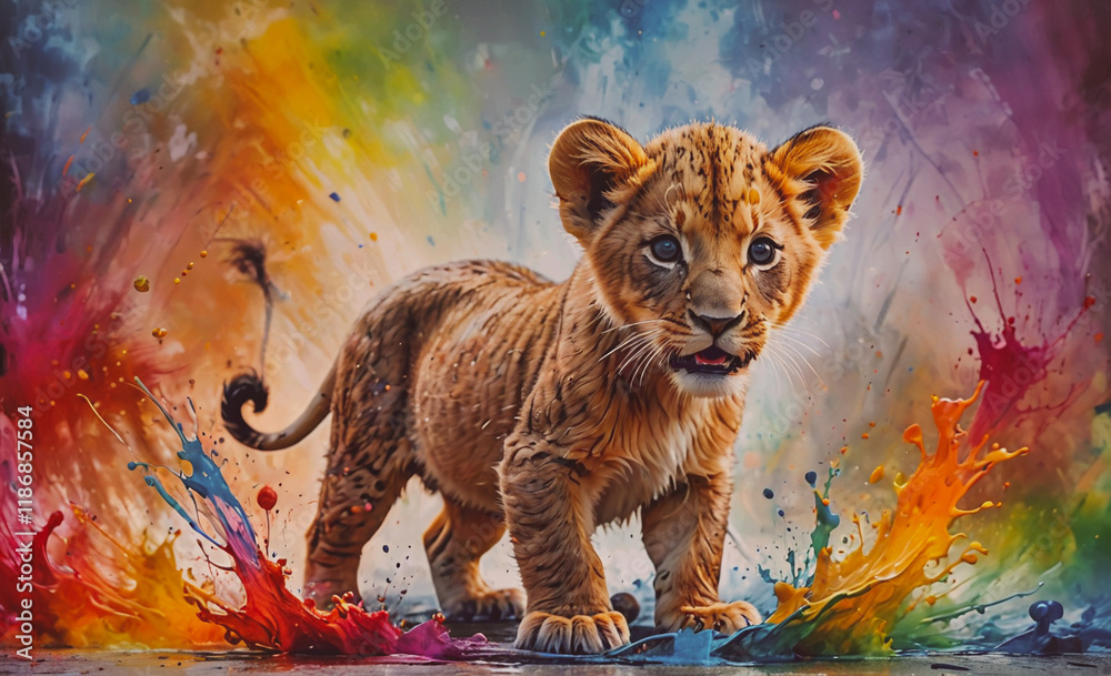 Poster baby lion standing in a splash of paint. the splash is in the background and the lion is in the fore