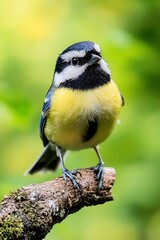 Fototapeta premium Colorful Eurasian Blue Tit Perched on Branch in Natural Habitat with Lush Greenery : Generative AI