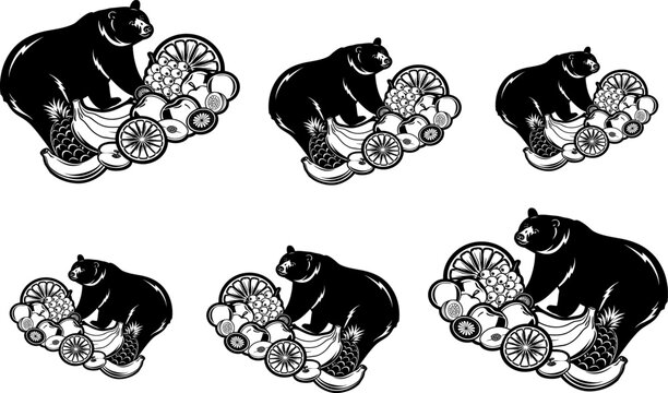 bear and fruit set illustration silhouette line art