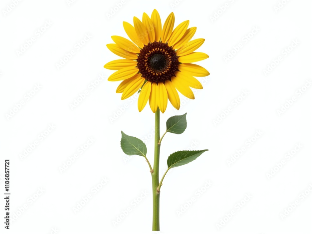 Poster a sunflower stands alone with its tall stem isolated on a pure white background surrounded by transp