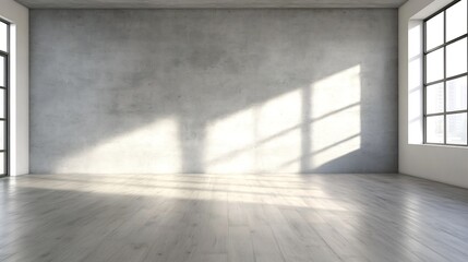 Bright and Minimalist Empty Room with Large Windows and Concrete Wall : Generative AI