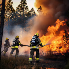 Team of Firefighters Fighting Against Wildfire Blaze
