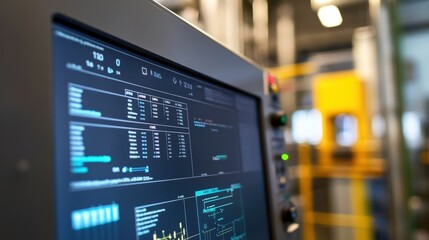 Computer screen displaying industrial automation software, controlling machinery and processes in a modern manufacturing plant, optimizing production and efficiency