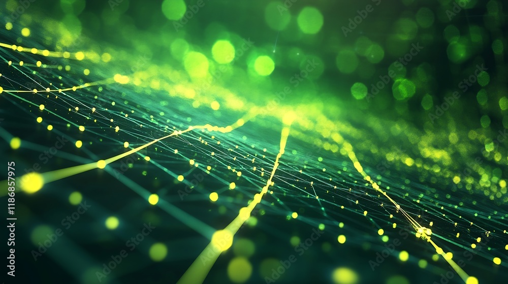Fototapete abstract digital green and yellow glowing network grid background with light dots : generative ai