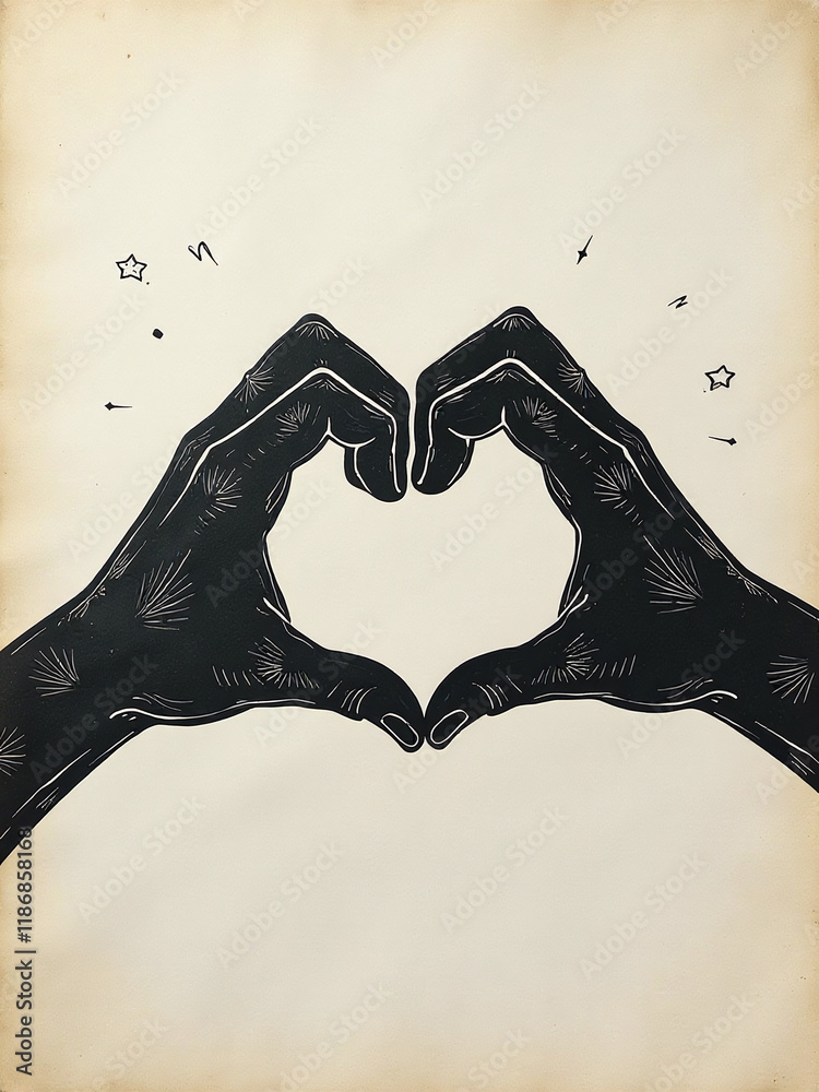 Poster A Stylized Hand Gesture Forming A Heart Shape Is Placed On A Textured Paper Background With A White And Black Design Theme Surrounding It. 00001