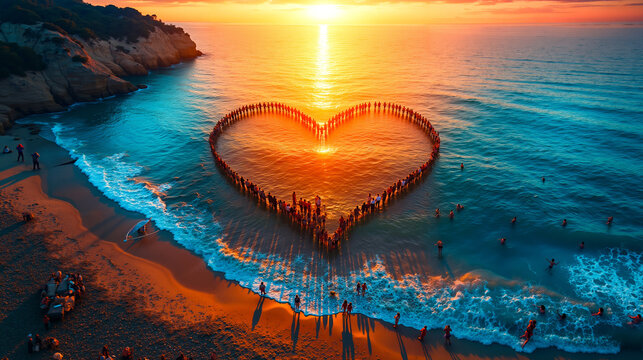 A group of people standing in the shape of a heart on a beach