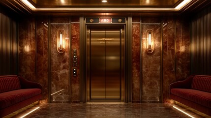 Luxurious Gold Elevator Lobby with Red Velvet Couches