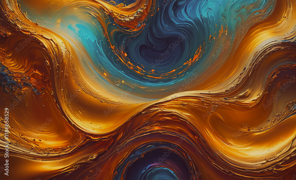 Poster painting of a wave with a blue and gold swirl. the blue is in the middle of the wave and the gold is