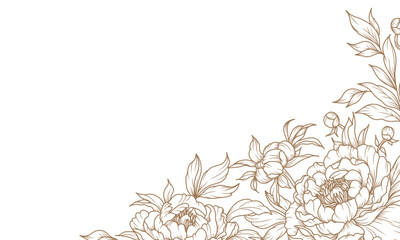 Luxury floral frame. Pattern with a bouquet of peonies, golden flowers and leaves. Vector illustration with elegant vintage botanical decorative elements