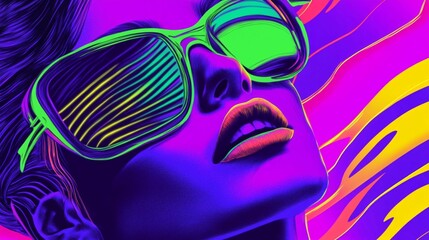 Vibrant Portrait of a Stylish Model in Neon Sunglasses Against a Colorful Abstract Background Evoking Retro Aesthetics and Youthful Energy © Natjeeta Phromchat
