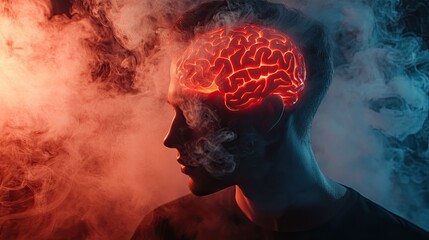 Silhouette of a man with a glowing red brain, surrounded by smoke in a moody atmosphere.