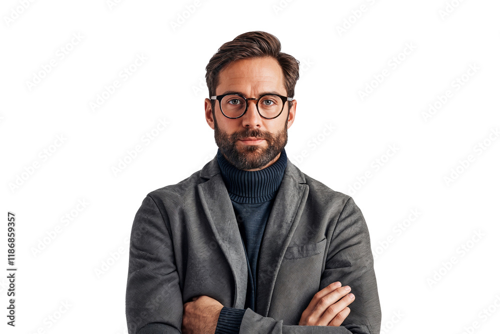 Poster smiling man with arms crossed and wearing glasses, isolated on white background