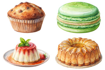 Delicious baked goods, colorful desserts, watercolor illustration, sweet treats, gourmet pastries, vibrant presentation, artistic food styling.