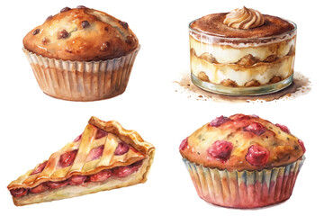 Delicious baked goods, watercolor illustrations, sweet desserts, muffins and pies, vibrant colors, food art, culinary creativity.