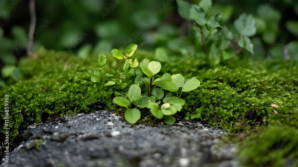 Poster closeup of lush green plants and moss on weathered rock in tranquil forest setting : generative ai