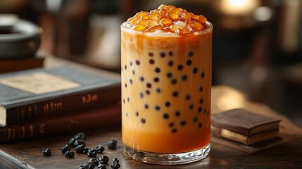 A Glass of Boba Tea with Caramel Topping