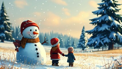 Fototapeta premium Children enjoying winter day with snowman in snowy forest, evoking joy and holiday spirit