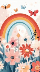 Colorful Floral Landscape with Butterflies and Rainbow Overhead, Capturing the Beauty of Nature in Springtime with Vivid Flowers and Soft Background Elements