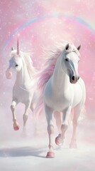 Magical Unicorns in Dreamy Landscape with Soft Pastels and Rainbow, Captivating Fantasy Art, Enchanting Creatures in Serene Atmosphere