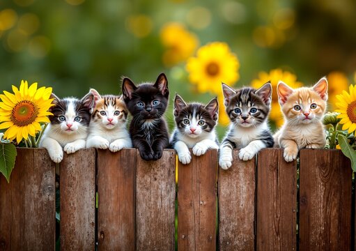 A group of kittens sitting on top of a wooden fence - Powered by Adobe