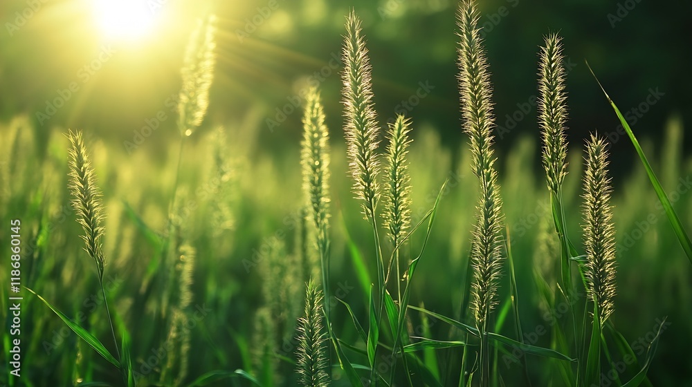 Poster sunlit tall grasses swaying gently in warm summer breeze with bright background : generative ai
